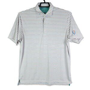 Men's Johnnie-O Polo Shirt UPF 50 White Blue Orange Striped Short Sleeve Size L